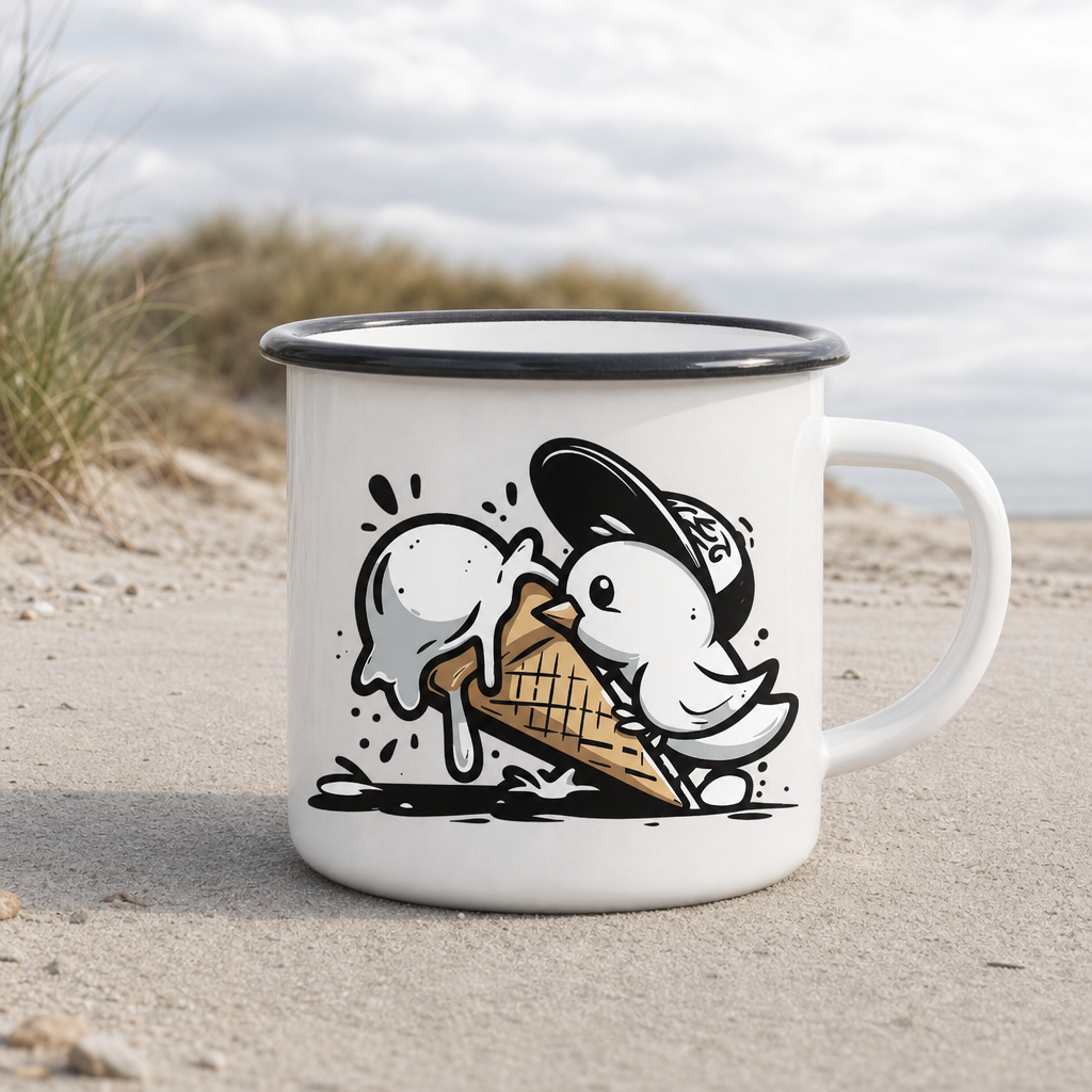 Möwe Küken mit Eis Street Art - Emaille Becher - White - Küstenmode von Kiebitzdelle