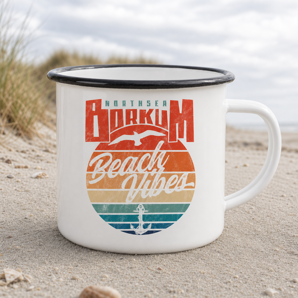 Borkum Beach Vibes - Emaille Becher - White - Küstenmode von Kiebitzdelle
