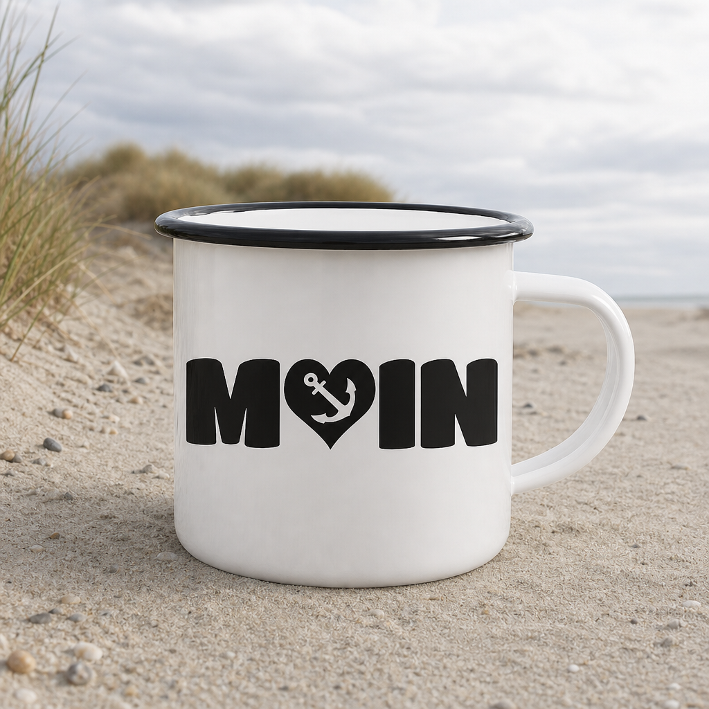 Moin Spruch mit Herz Anker - Emaille Becher - White - Küstenmode von Kiebitzdelle
