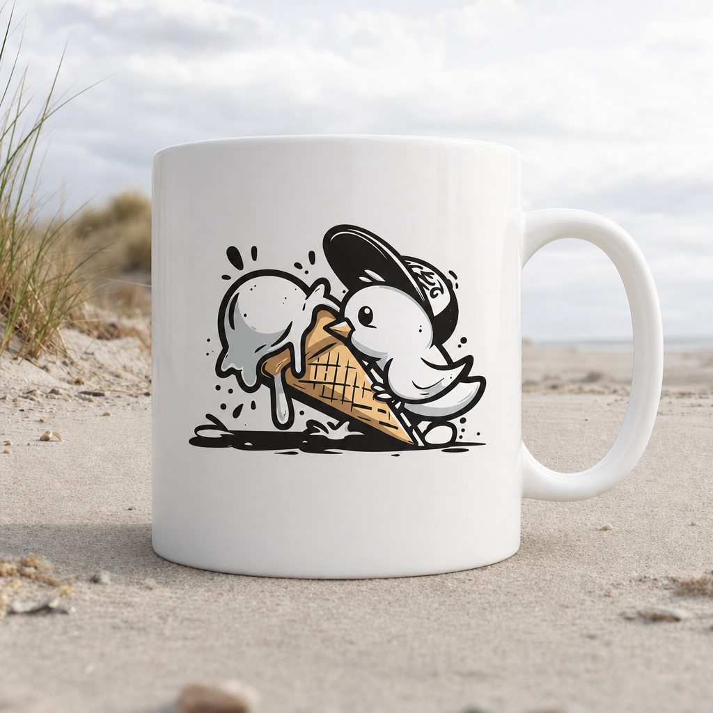 Möwe Küken mit Eis Street Art - Tasse glänzend - White glossy - Küstenmode von Kiebitzdelle