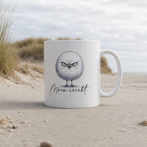 Moin reicht - Grimmige runde Möwe - Tasse glänzend - White glossy - Küstenmode von Kiebitzdelle