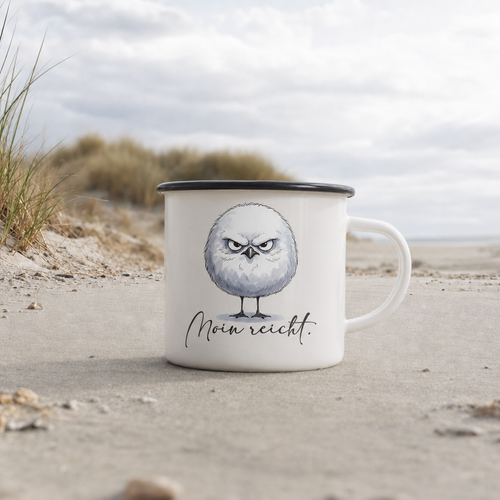 Moin reicht - Grimmige runde Möwe - Emaille Tasse (Black) - White - Küstenmode von Kiebitzdelle