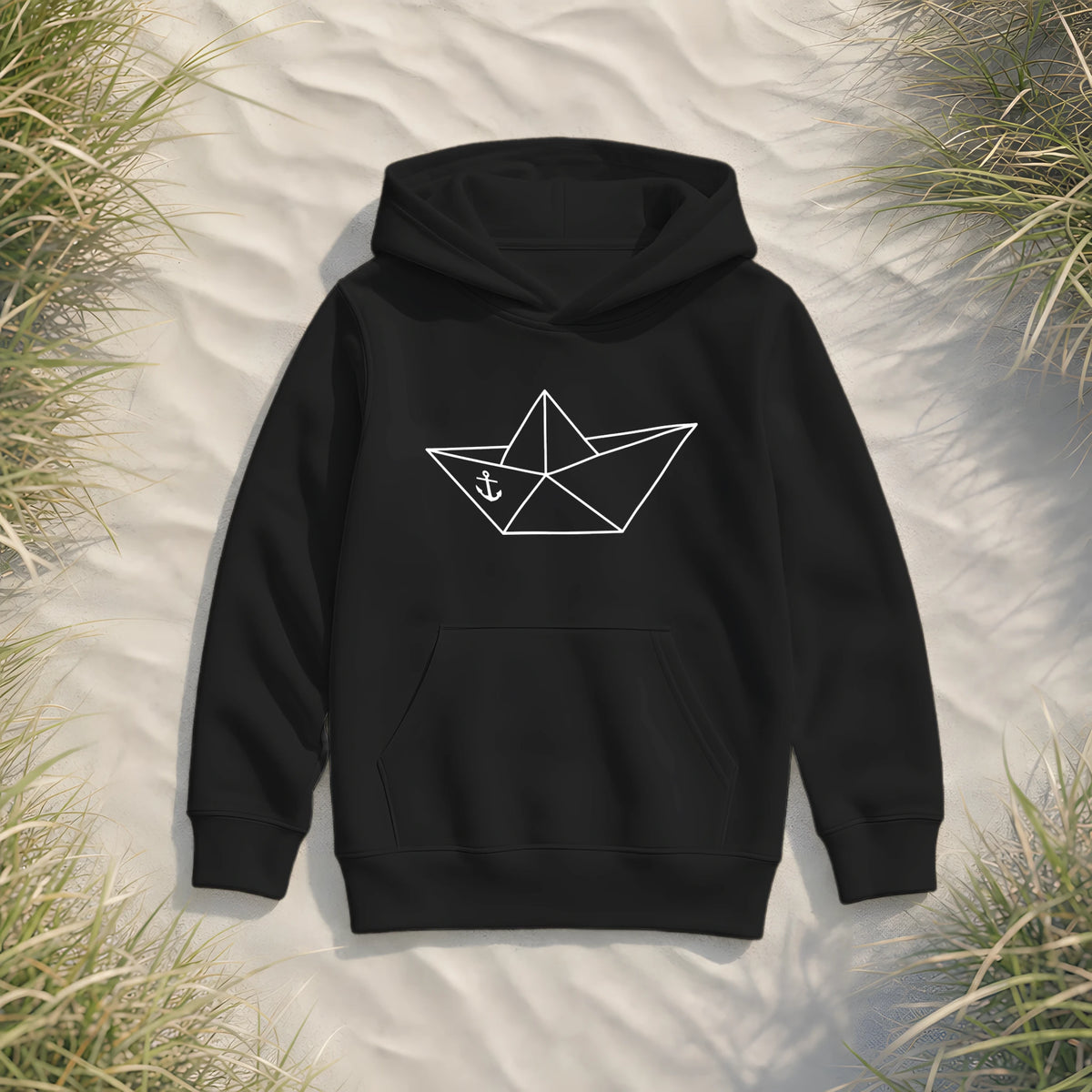 Papierschiff Papierboot Origami - Kinder Bio Hoodie - Black - Küstenmode von Kiebitzdelle