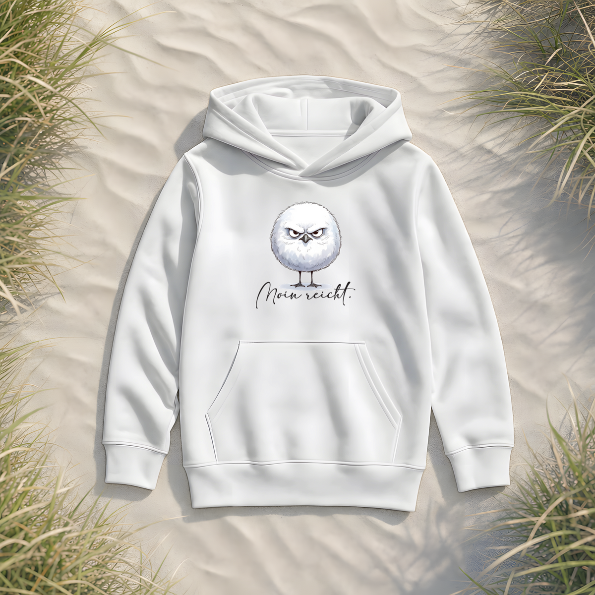 Moin reicht - Grimmige runde Möwe - Kids Organic Hoodie - White - Küstenmode von Kiebitzdelle