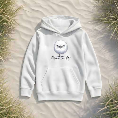 Moin reicht - Grimmige runde Möwe - Kids Organic Hoodie - White - Küstenmode von Kiebitzdelle