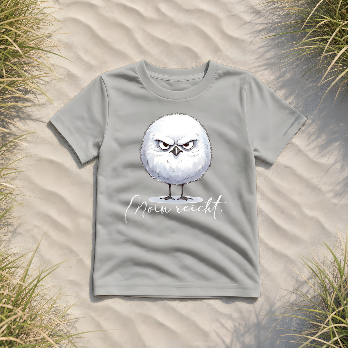 Moin reicht - Grimmige runde Möwe - Kids Organic Shirt - Heather Grey - Küstenmode von Kiebitzdelle