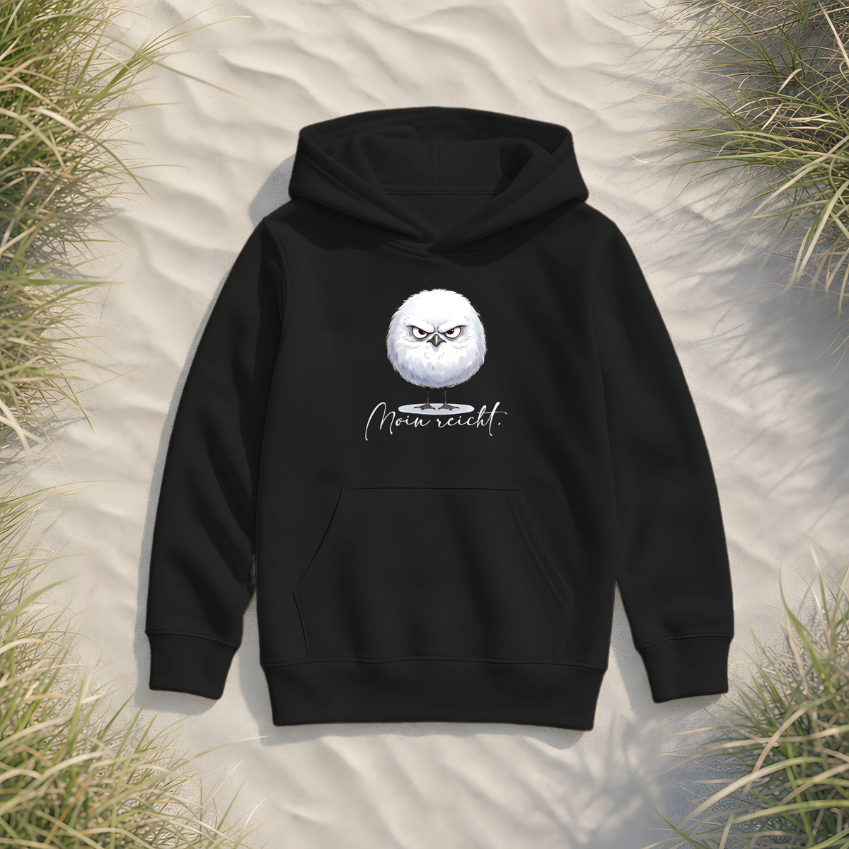 Moin reicht - Grimmige runde Möwe - Kids Organic Hoodie - Black - Küstenmode von Kiebitzdelle