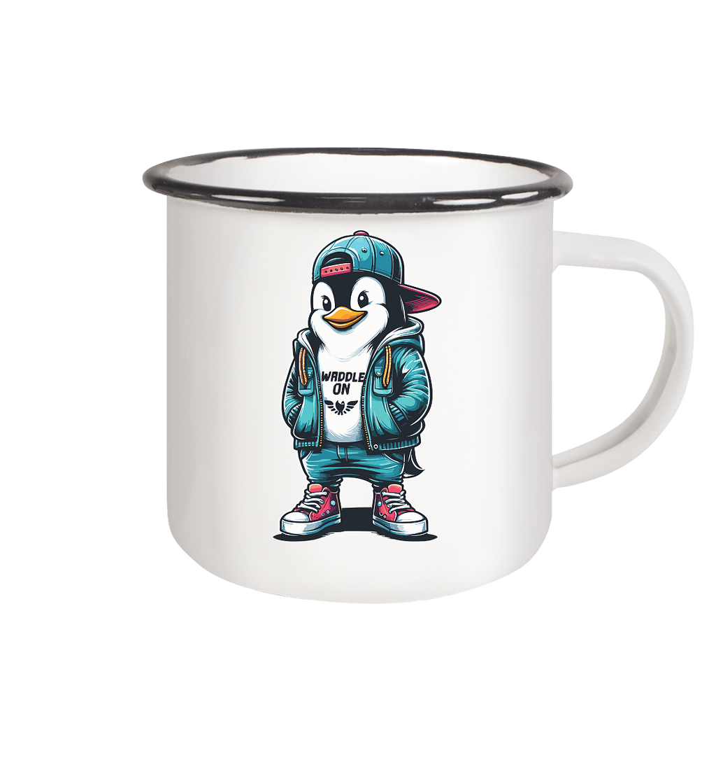 Hipster Pinguin Waddle On - Emaille Becher - Kiebitzdelle