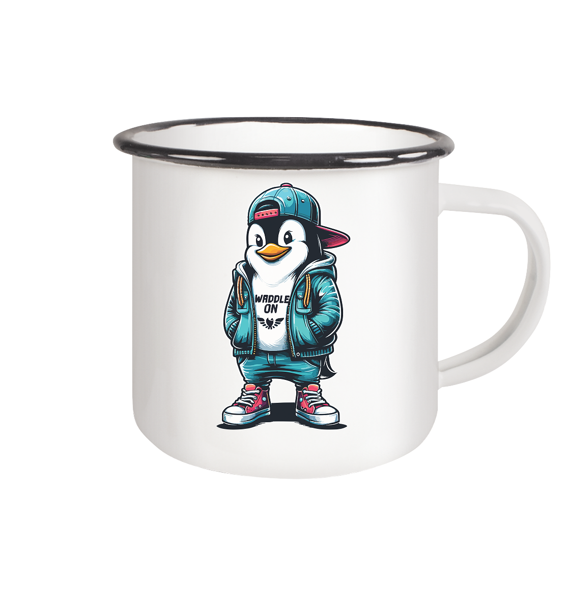 Hipster Pinguin Waddle On - Emaille Becher - Kiebitzdelle