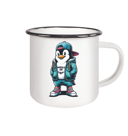 Hipster Pinguin Waddle On - Emaille Becher