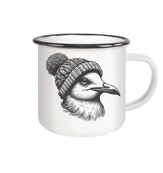 Coole Möwe mit Pudelmütze - Emaille Becher