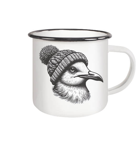Coole Möwe mit Pudelmütze - Emaille Becher