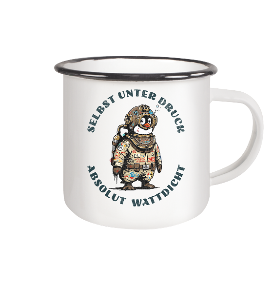 Wattdicht Pinguin Taucher mit lustigem Spruch - Emaille Becher - Kiebitzdelle