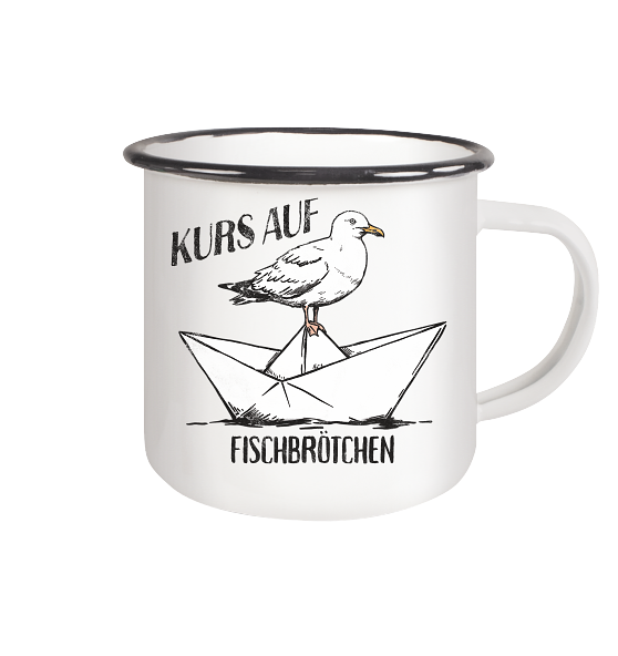Kurs auf Fischbrötchen Papierschiff Möwe - Emaille Becher