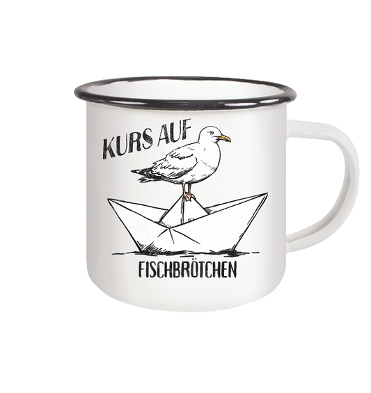 Kurs auf Fischbrötchen Papierschiff Möwe - Emaille Becher