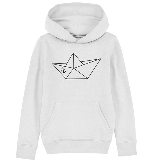 Papierschiff Papierboot Origami - Kinder Bio Hoodie in White - Studio Ansicht - Kiebitzdelle