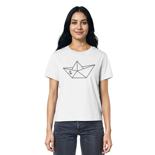 Papierschiff Papierboot Origami - Damen Premium Bio Shirt in White - Studio Ansicht - Kiebitzdelle