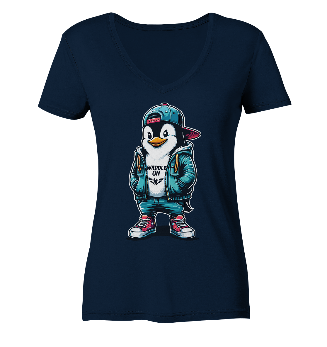 Hipster Pinguin Waddle On - Damen Bio V-Neck Shirt - Kiebitzdelle