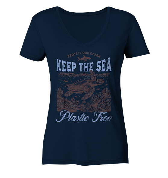 Keep the Sea Plastic Free Umweltschutz Spruch - Damen Bio V-Neck Shirt - Kiebitzdelle