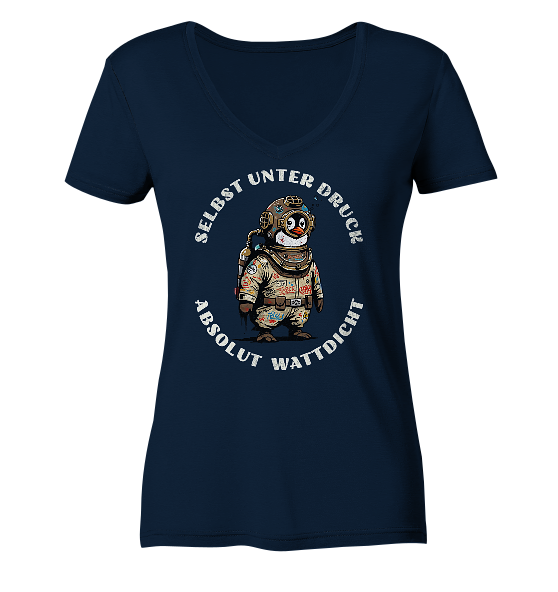Wattdicht Pinguin Taucher mit lustigem Spruch - Damen Bio V-Neck Shirt - Kiebitzdelle