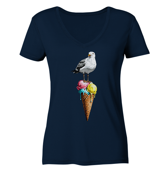 Eisdieb Freche Möwe mit Eiscreme - Damen Bio V-Neck Shirt - Kiebitzdelle