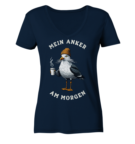 Mein Anker am Morgen Kaffee Möwe - Damen Bio V-Neck Shirt - Kiebitzdelle