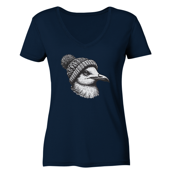 Coole Möwe mit Pudelmütze - Damen Bio V-Neck Shirt