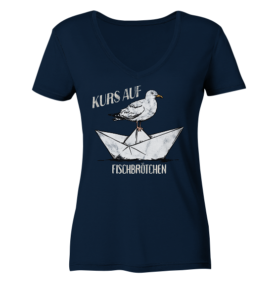 Kurs auf Fischbrötchen Papierschiff Möwe - Damen Bio V-Neck Shirt - Kiebitzdelle