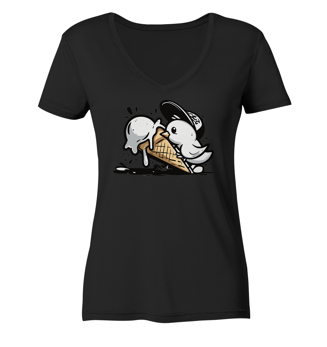 Möwe Küken mit Eis Street Art - Damen Bio V-Neck Shirt - Kiebitzdelle