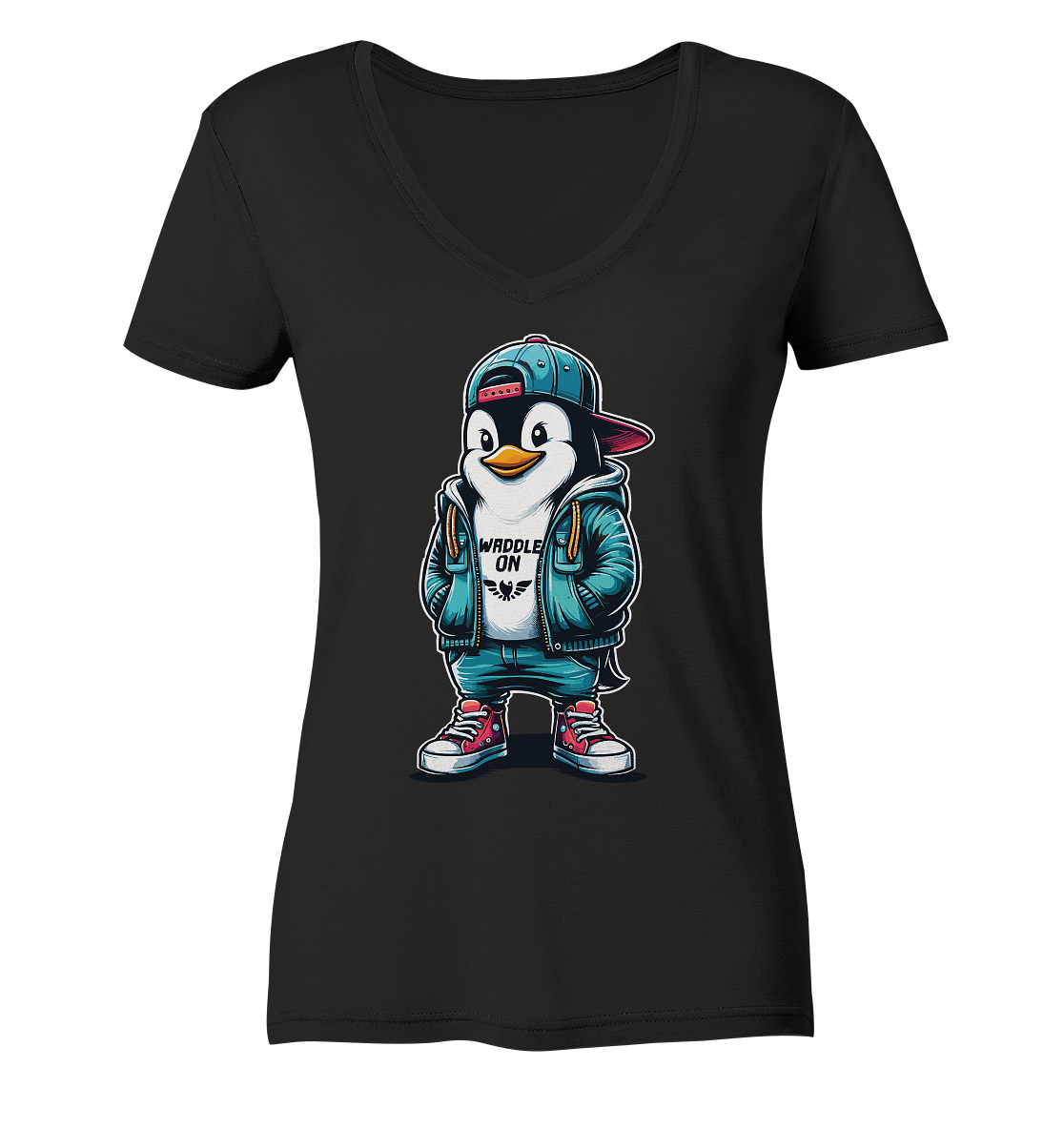 Hipster Pinguin Waddle On - Damen Bio V-Neck Shirt - Kiebitzdelle
