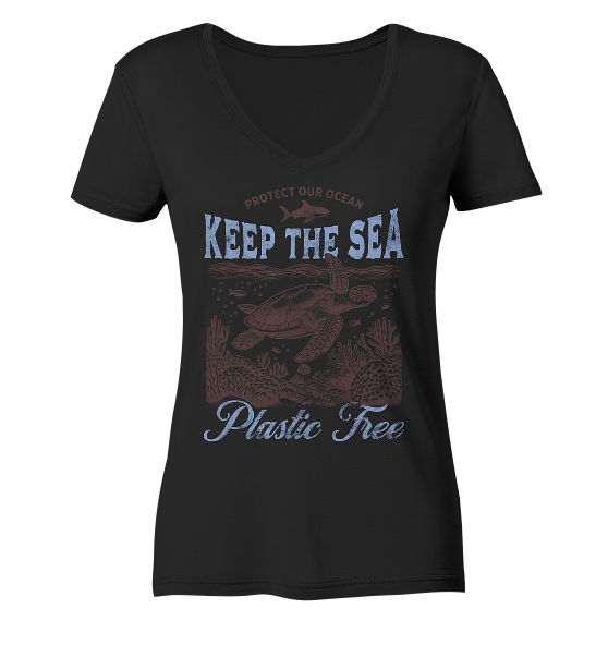 Keep the Sea Plastic Free Umweltschutz Spruch - Damen Bio V-Neck Shirt - Kiebitzdelle