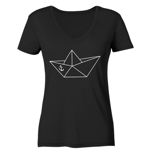 Papierschiff Papierboot Origami - Damen Bio V-Neck Shirt in Black - Studio Ansicht - Kiebitzdelle