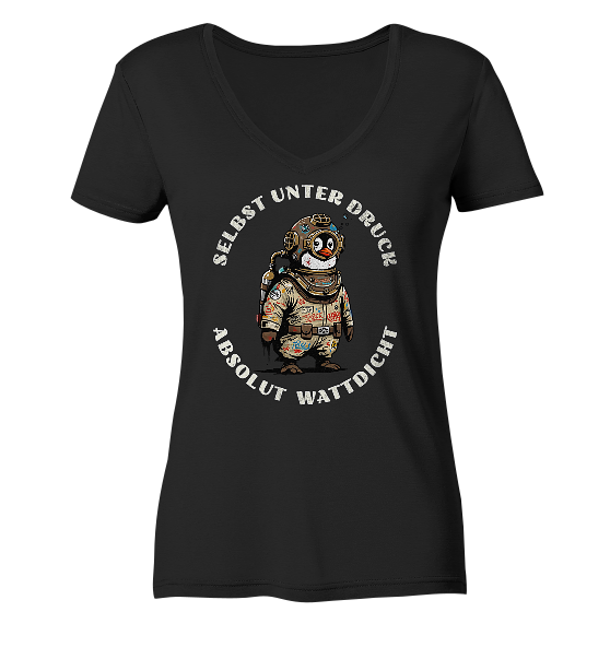 Wattdicht Pinguin Taucher mit lustigem Spruch - Damen Bio V-Neck Shirt - Kiebitzdelle