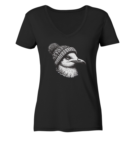 Coole Möwe mit Pudelmütze - Damen Bio V-Neck Shirt