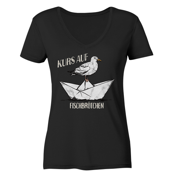 Kurs auf Fischbrötchen Papierschiff Möwe - Damen Bio V-Neck Shirt - Kiebitzdelle