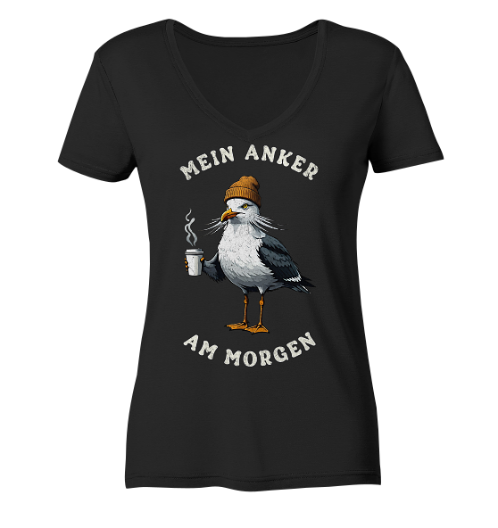 Mein Anker am Morgen Kaffee Möwe - Damen Bio V-Neck Shirt - Kiebitzdelle