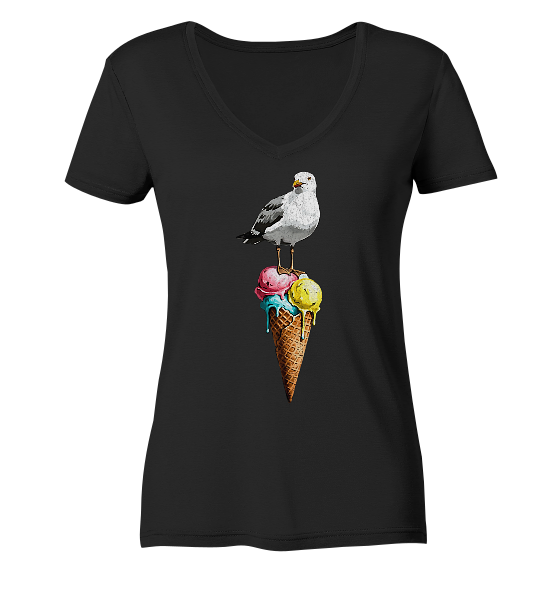 Eisdieb Freche Möwe mit Eiscreme - Damen Bio V-Neck Shirt - Kiebitzdelle