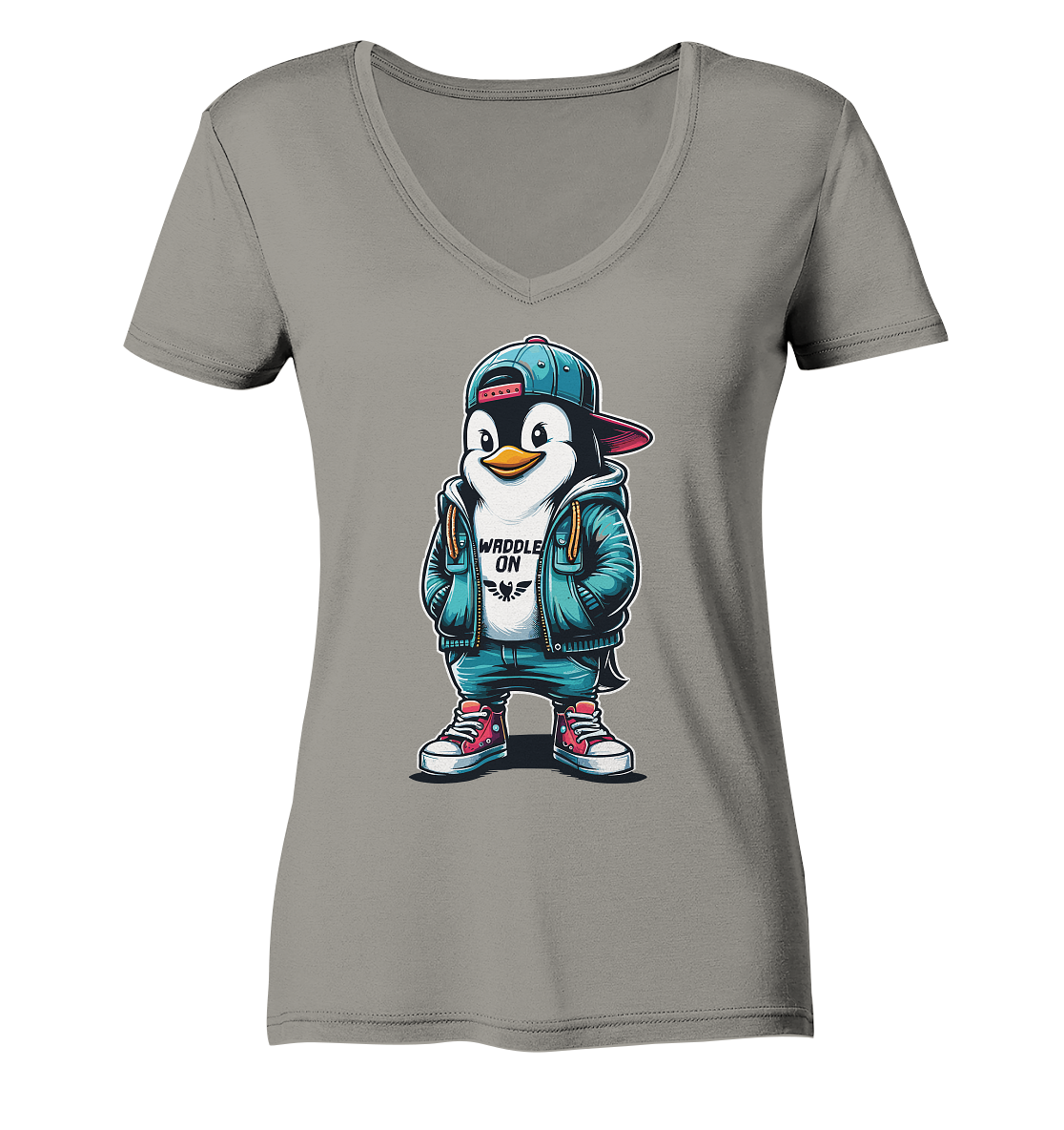 Hipster Pinguin Waddle On - Damen Bio V-Neck Shirt - Kiebitzdelle