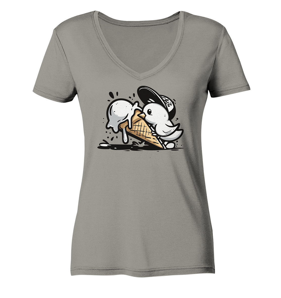 Möwe Küken mit Eis Street Art - Damen Bio V-Neck Shirt - Kiebitzdelle