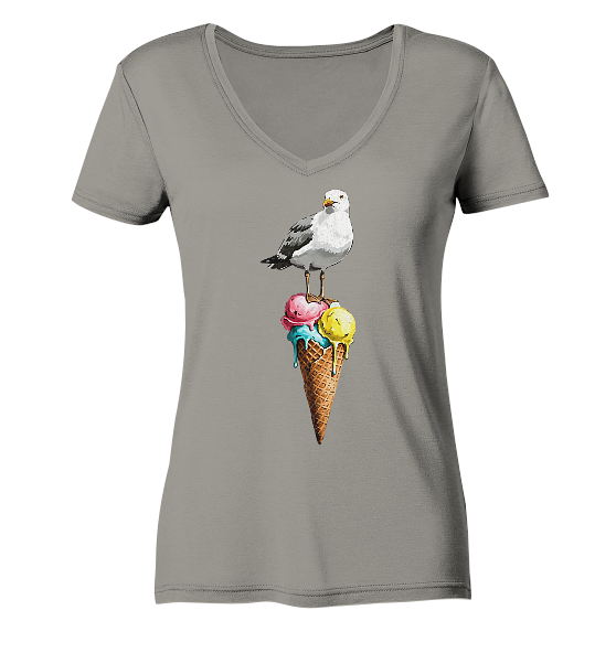 Eisdieb Freche Möwe mit Eiscreme - Damen Bio V-Neck Shirt - Kiebitzdelle