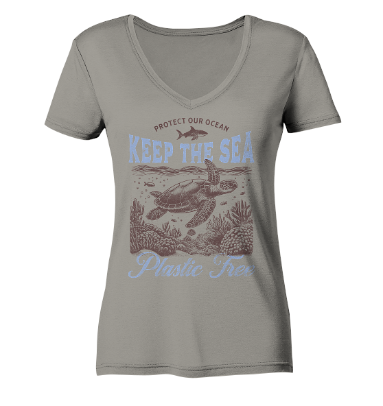 Keep the Sea Plastic Free Umweltschutz Spruch - Damen Bio V-Neck Shirt - Kiebitzdelle