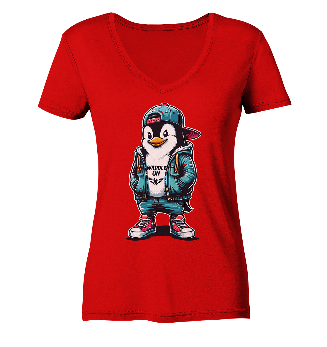 Hipster Pinguin Waddle On - Damen Bio V-Neck Shirt - Kiebitzdelle