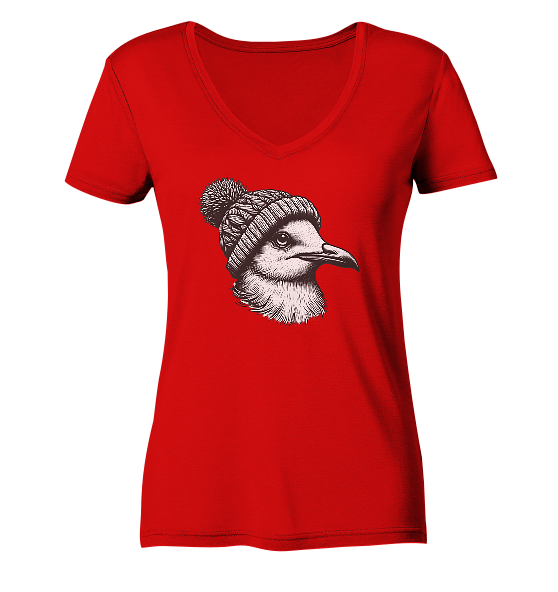 Coole Möwe mit Pudelmütze - Damen Bio V-Neck Shirt - Kiebitzdelle