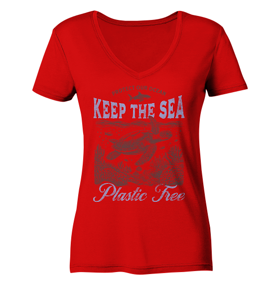 Keep the Sea Plastic Free Umweltschutz Spruch - Damen Bio V-Neck Shirt - Kiebitzdelle