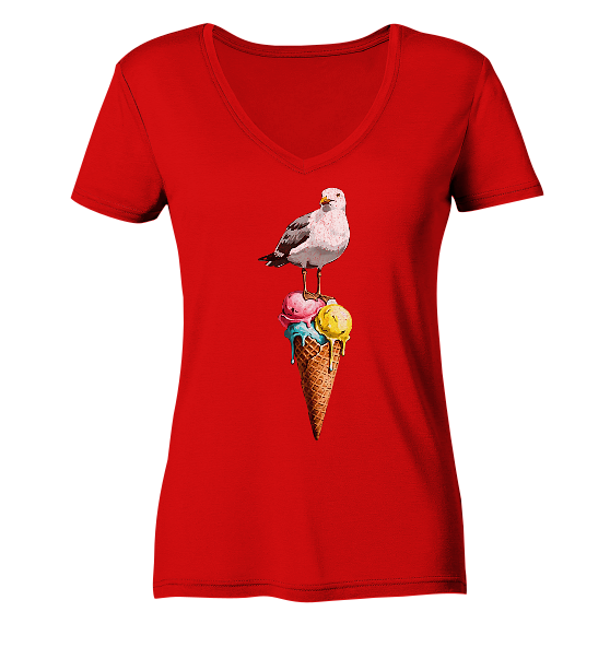 Eisdieb Freche Möwe mit Eiscreme - Damen Bio V-Neck Shirt - Kiebitzdelle