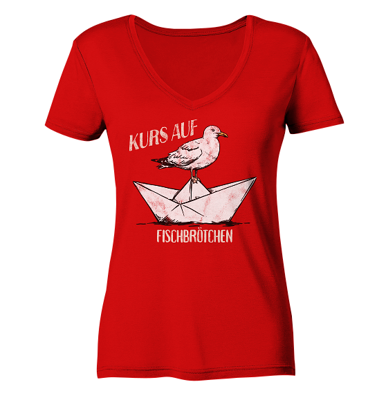 Kurs auf Fischbrötchen Papierschiff Möwe - Damen Bio V-Neck Shirt - Kiebitzdelle