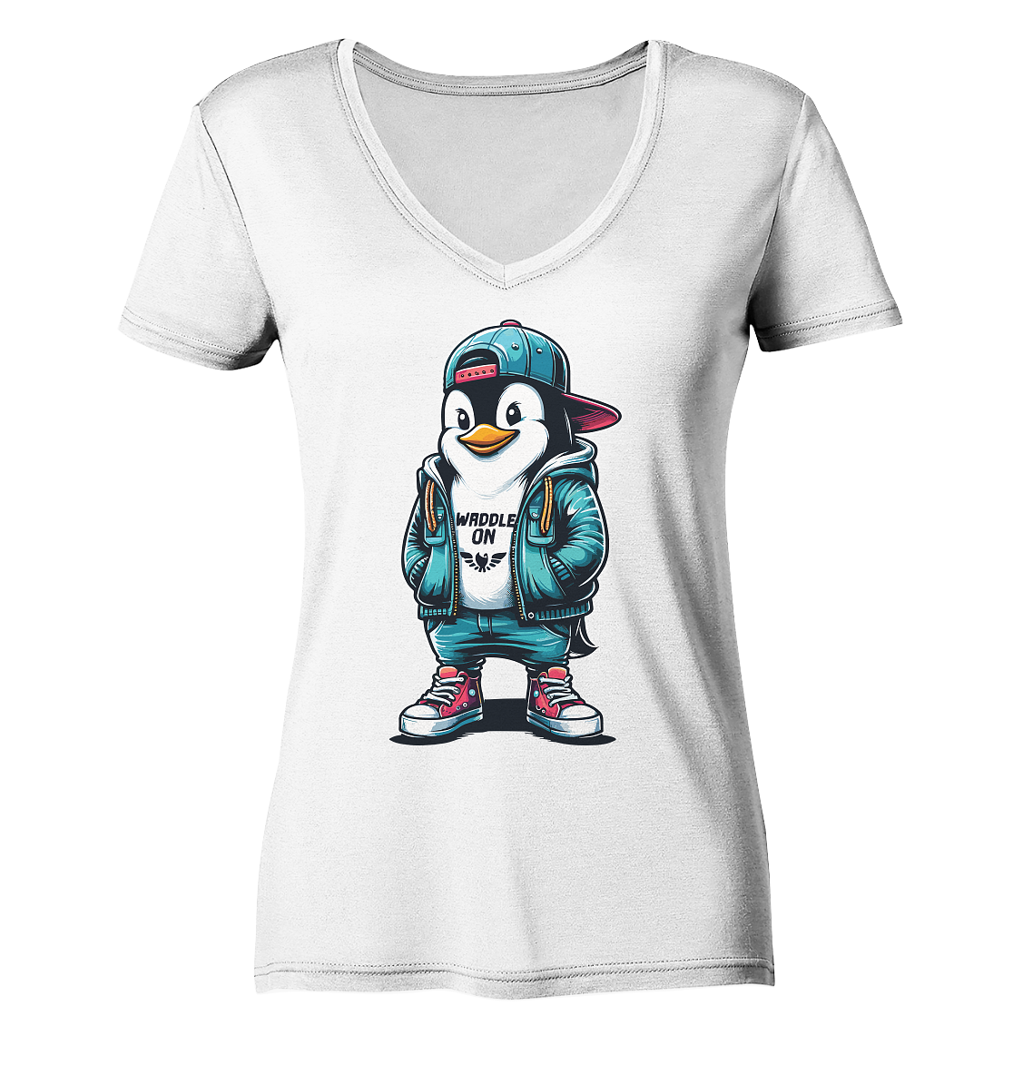Hipster Pinguin Waddle On - Damen Bio V-Neck Shirt - Kiebitzdelle