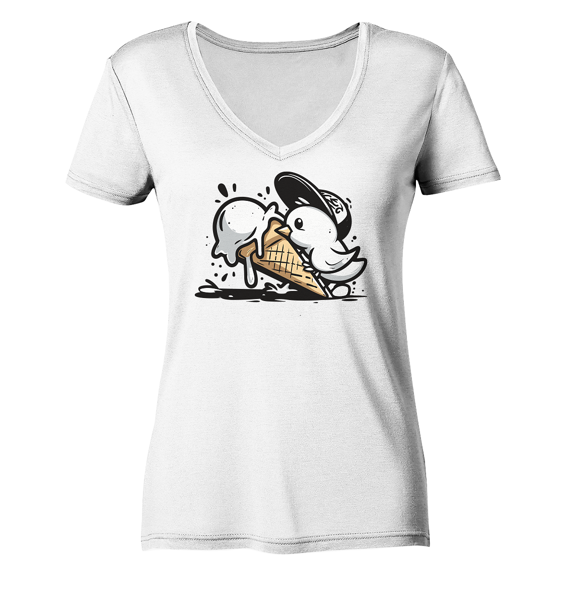 Möwe Küken mit Eis Street Art - Damen Bio V-Neck Shirt - Kiebitzdelle