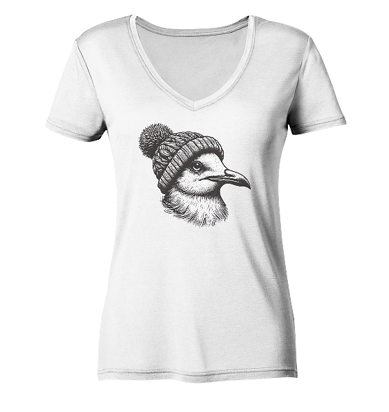 Coole Möwe mit Pudelmütze - Damen Bio V-Neck Shirt - Kiebitzdelle