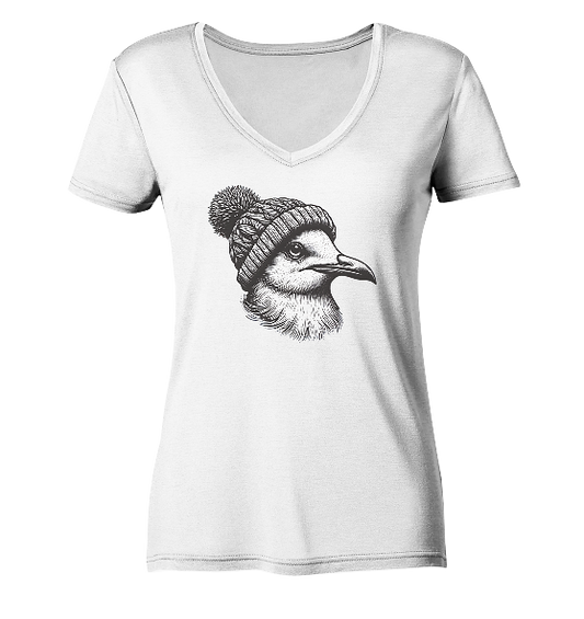 Coole Möwe mit Pudelmütze - Damen Bio V-Neck Shirt